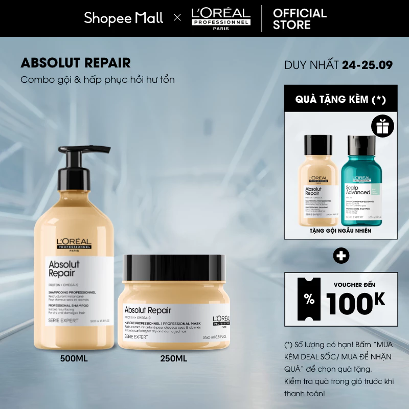 Combo Gội 500ml và Dầu hấp bơ 250ml dưỡng tóc mềm mượt & phục hồi hư tổn L'Oréal Professionnel Absolut Repair