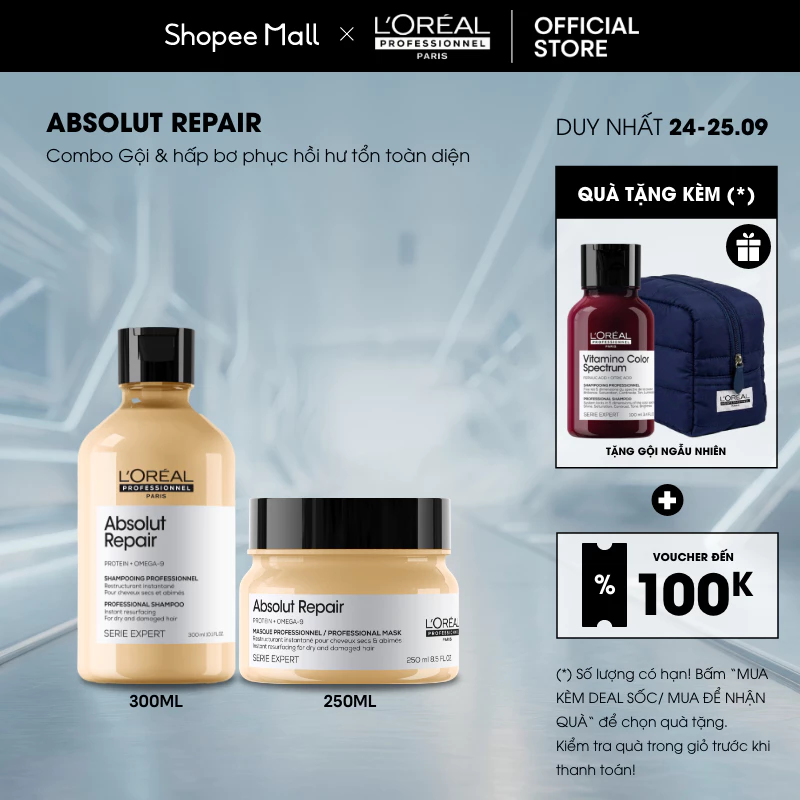 Combo Gội 300ml và Dầu hấp bơ 250ml dưỡng tóc mềm mượt & phục hồi hư tổn L'Oréal Professionnel Absolut Repair