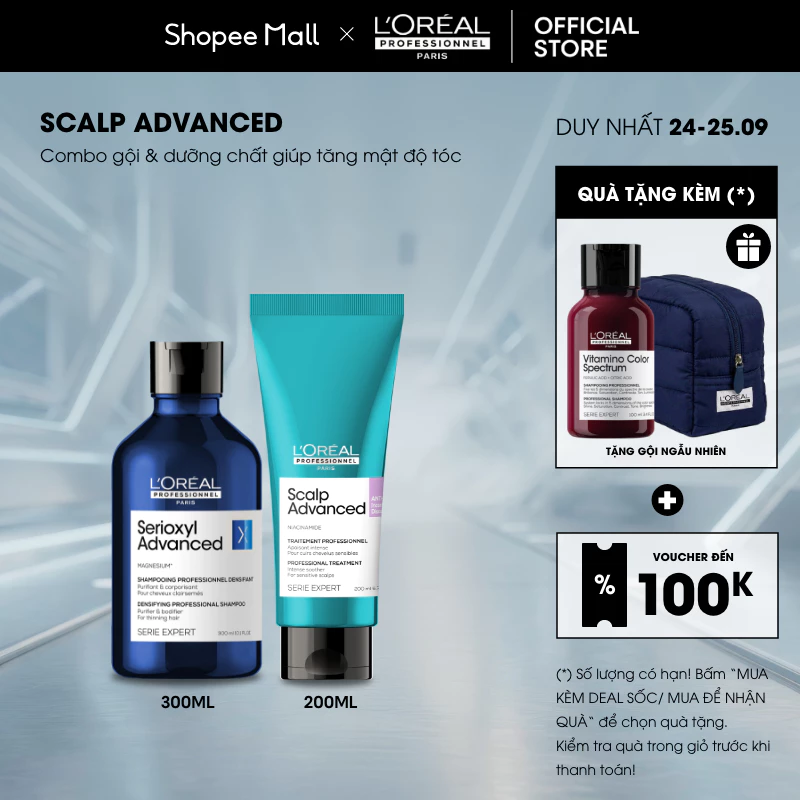 Combo Dầu gội 300ml & dầu xả làm dày tóc chuyên nghiệp L'Oréal Professionnel Serioxyl Advanced