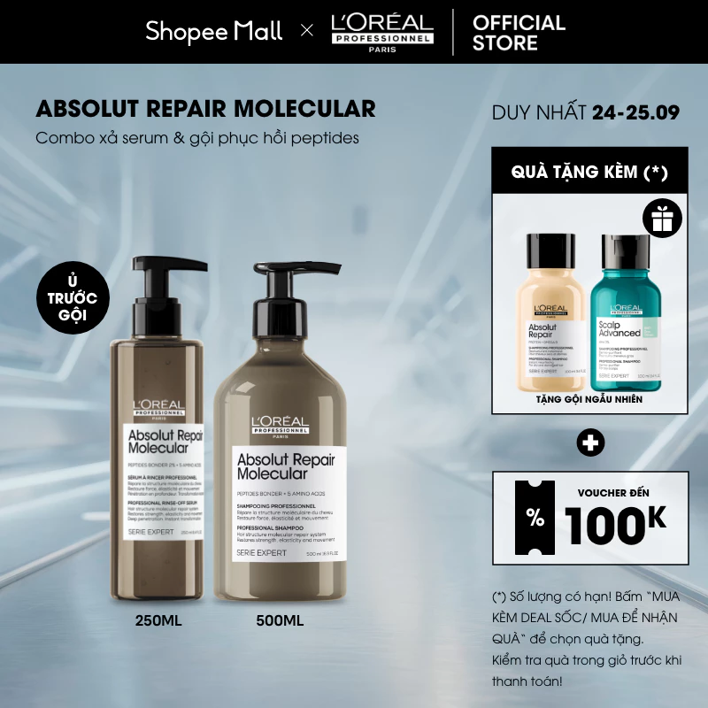 Bộ Dầu gội Absolut Repair Molecular 500ml & Serum Dưỡng tóc phục hồi tóc hư tổn chuyên sâu L'Oréal Professionnel 250ml