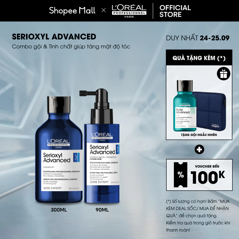 Combo Dầu gội 300ml & tinh chất xịt tăng mật độ tóc - làm dày tóc chuyên nghiệp L'Oréal Professionnel Serioxyl Advanced