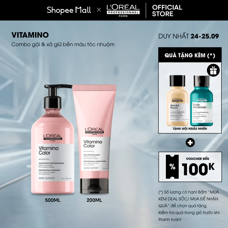 Combo Dầu gội 500ml và Dầu xả 200ml giữ màu tóc nhuộm & dưỡng tóc mềm mượt Vitamino Color L'Oréal Professionnel