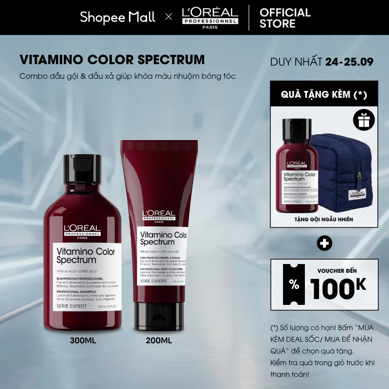 Combo dầu gội & dầu xả khóa màu 5D chuyên nghiệp giúp khóa màu nhuộm, bóng tóc Vitamino Color Spectrum 300ml