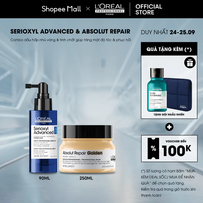 Combo Tinh chất xịt tăng mật độ tóc Serioxyl Advanced 90ml & dầu hấp nhũ vàng  chuyên nghiệp Absolut Repair Golden 250ml