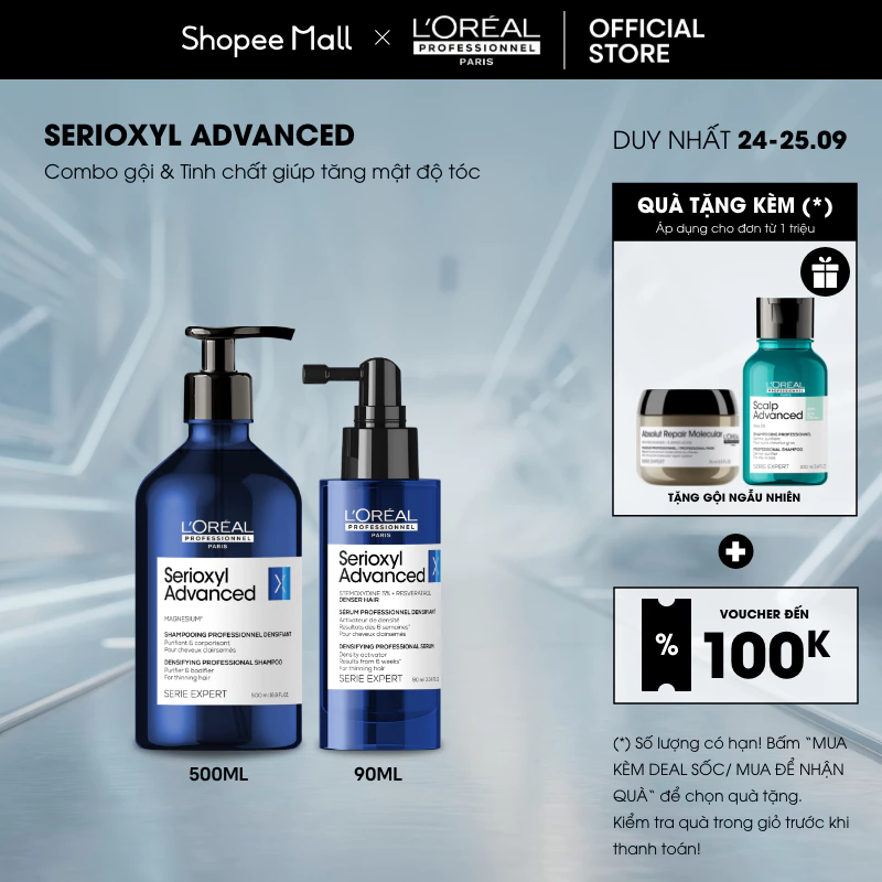Combo Tinh chất xịt tăng mật độ tóc Serioxyl Advanced 90ml & dầu gội làm dày tóc chuyên nghiệp Serioxyl Advanced 500ml