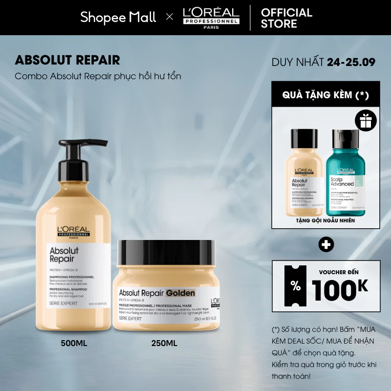 Combo Absolut Repair phục hồi hư tổn (Dầu gội 500ml và Mặt nạ golden 250ml)