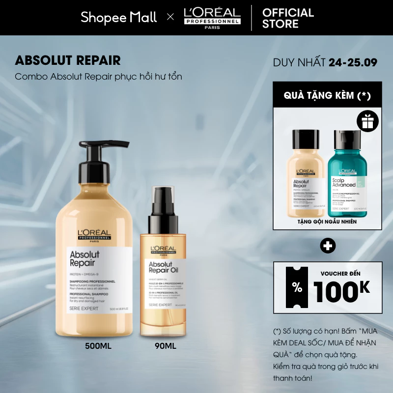 Combo Absolut Repair phục hồi hư tổn  (Dầu gội 500ml và Tinh dầu dưỡng 90ml)