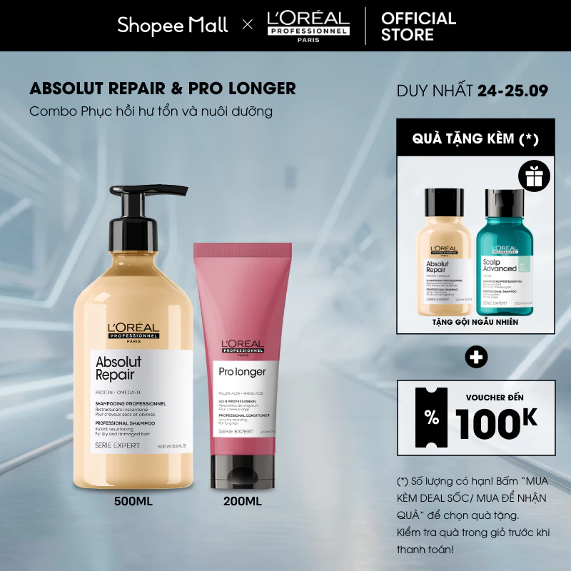 Combo Phục hồi hư tổn và nuôi dưỡng (Dầu gội Absolut Repair 500ml và Dầu xả Pro Longer 200ml)