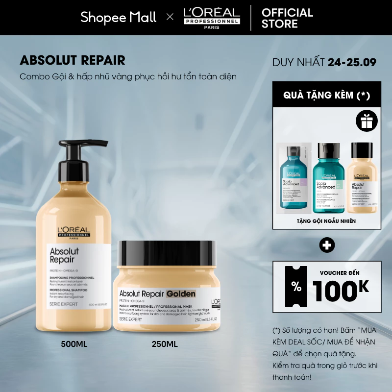 [LP x Hannah Olala] Combo Absolut Repair phục hồi hư tổn (Dầu gội 500ml và Mặt nạ golden 250ml)