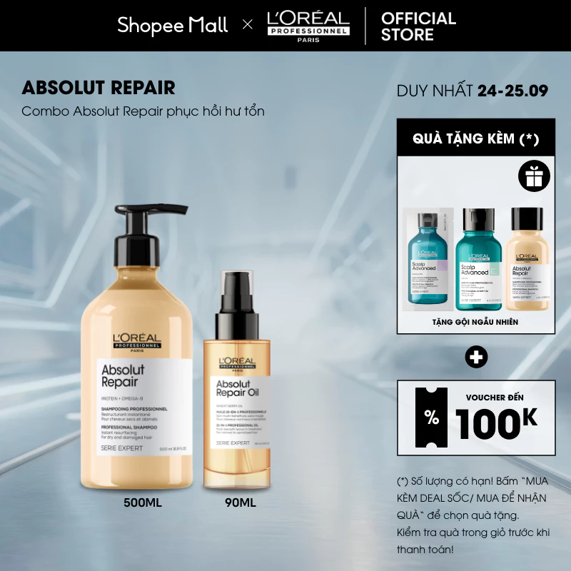 [LP x Hannah Olala] Combo Absolut Repair phục hồi hư tổn (Dầu gội 500ml và Tinh dầu dưỡng 90ml)