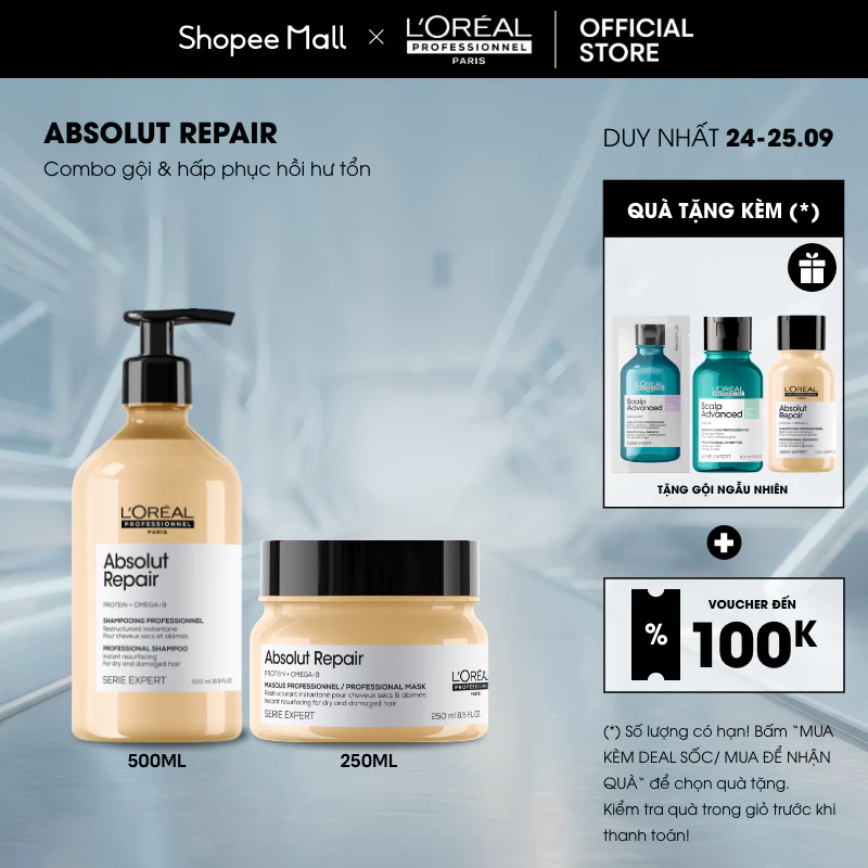 [LP x Hannah Olala] Combo Gội 500ml và Dầu hấp bơ 250ml phục hồi hư tổn L'Oréal Professionnel Absolut Repair
