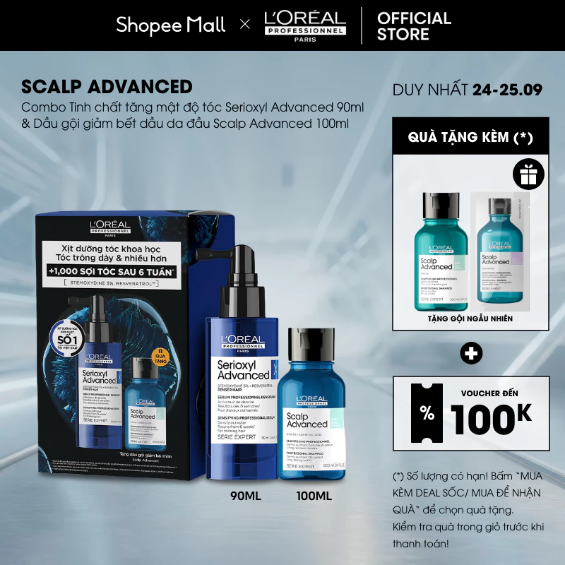 [LP x Hannah Olala] Tinh chất tăng mật độ tóc Serioxyl Advanced 90ml & Dầu gội giảm bết dầu Scalp Advanced 100ml