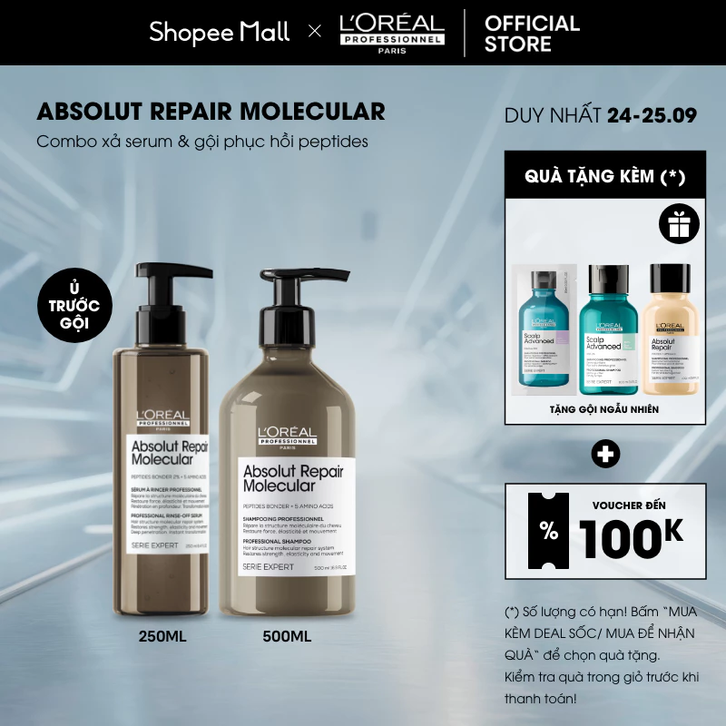 [LP x Hannah Olala] Combo Phục hồi hư tổn chuyên sâu Absolut Repair Molecular (Dầu gội 500ml & Xả Serum 250ml)
