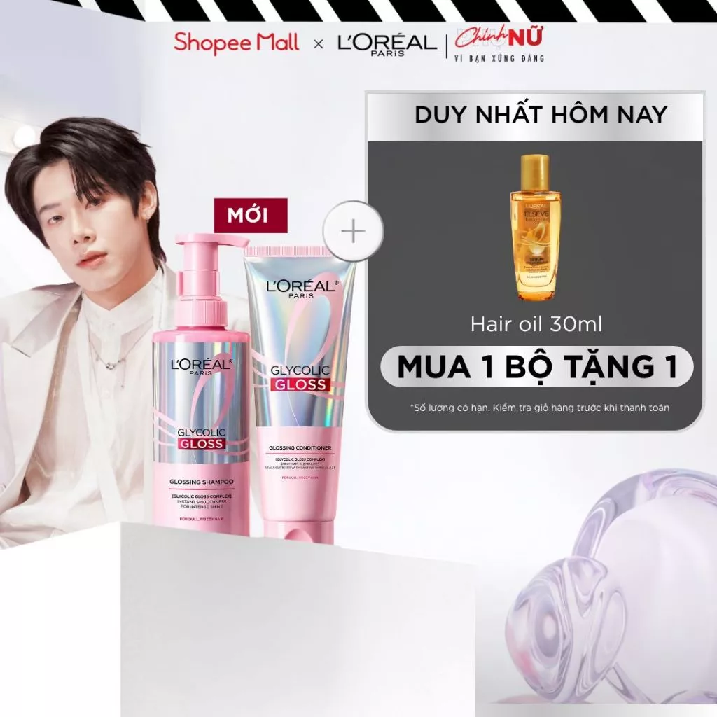[MỚI] VB_ Bộ dầu gội & xả phủ bóng, chống xơ rối phức hợp 2% [Glycolic Acid] L'Oréal Paris Glycolic Gloss 440ml, 200ml