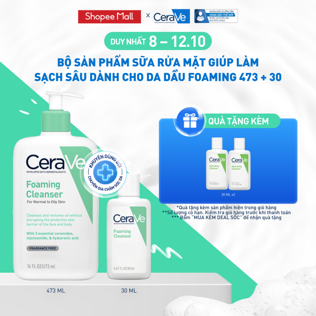 Sữa rửa mặt dành cho da dầu CeraVe Foaming Cleanser 473ml + 30ml