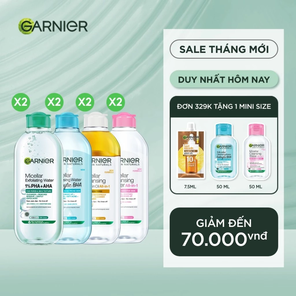 Bộ 2 nước Tẩy Trang làm sạch sâu dịu nhẹ cho mọi loại da (dầu, thường, khô, nhạy cảm) -Garnier Micellar Cleansing Water